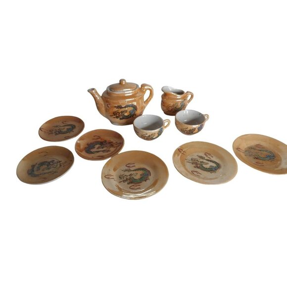 Unknown Other - Vintage 10 piece Japan peach lusterware child's tea set with dragon